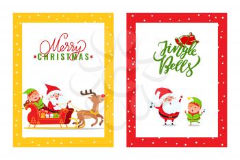 Cards with Santa Claus, Reindeer, Elf, Dwarf. Vector cartoon heroes in carriage full of presents and box gifts merry singing songs on Christmas holidays