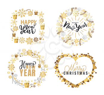 Holly Jolly, Merry Christmas, New Year, Happy Holidays and warm wishes, cookies for Santa lettering text, Xmas greeting cards with ornamental golden frames and heart form on white background