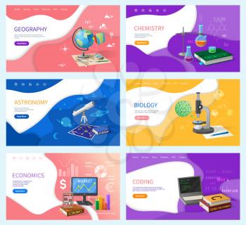 School subjects, education and knowledge. Geography and chemistry, astronomy and biology, economics and coding Internet banners vector illustration