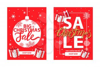 New Year decorative ball isolated on red, snowflakes and gift boxes vector promo sale. Christmas offer, shop now leaflet with lettering, presents surprises