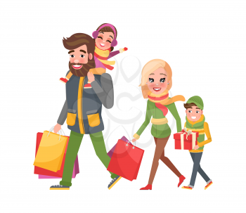Christmas holidays shopping, happy family together vector. Couple husband and wife with children, carrying purchased items in bags on winter xmas