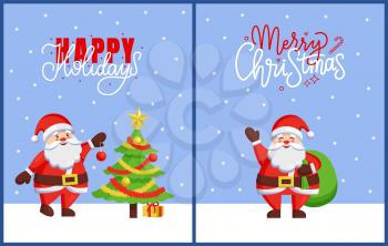 Happy Holidays and Merry Christmas 2019 posters with Santa Claus adventures. New Year tree decoration best wishes from Father Frost, greeting cards