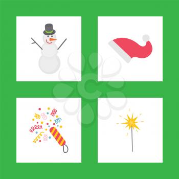 Holiday decorations for celebration New Year, snowman with Santa hat and confetti with bright sparkler vector. Flat Christmas icons isolated on green