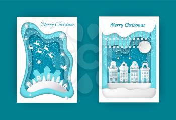 Merry Christmas postcards hills, houses and spruces, Santa Claus and reindeers in sky, winter landscapes on paper cut postcards, vector city silhouette