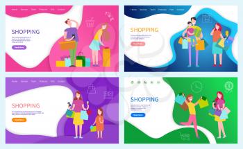 Shopping ladies, family of shoppers posters set with text sample vector. Customers with purchased products and gift for holidays. Presents packages