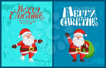 Santa Claus winter holidays adventures vector. Saint Nicholas skating on ice, send wishes standing with sack full of presents. New Year cartoon character