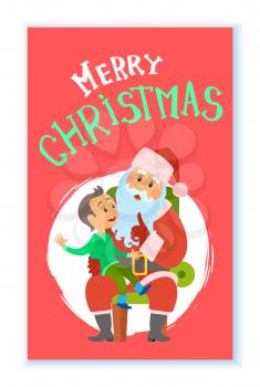 Merry Christmas, winter holidays, Santa Claus and kid sitting on his laps vector in round brush frame. Boy child making wish to Saint Nicholas elderly person