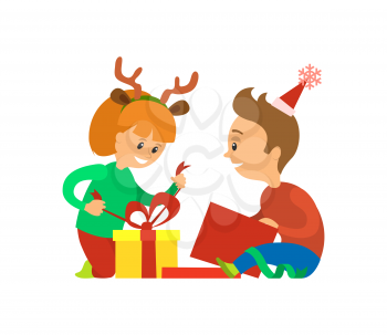 Christmas holidays, children opening presents vector. Girl wearing reindeer horns accessories removes ribbon package decorated bow. Gifts on winter