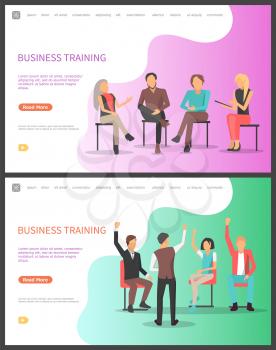 Business training, seminar conference workers meeting set vector. Conference with asking and answering questions, Businessman businesswoman learning