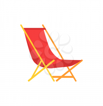 Beach sunbed emblem cartoon isolated vector icon. Empty beach chair, folding seat of wood and tissue, single simple element, side view primitive badge