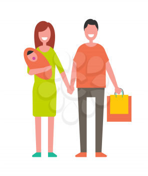 Married couple with newborn baby and shopping bags. Mother beside father, parents of little child carrying packages vector illustration isolated.