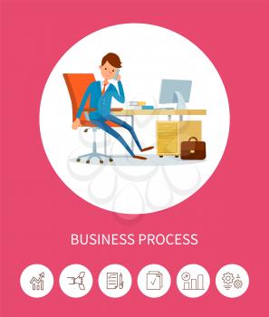 Business progress man working on laptop device vector. Director manager, chief executive working in office, person talking on phone with clients customers