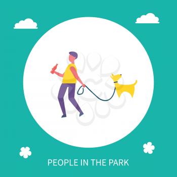 Boy walking dog on leash in park isolated cartoon banner vector icon. Guy in casual clothes with cola bottle going with pet, spending time outdoor