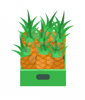 Shelf with pineapples in supermarket grocery store, vector retail market isolated icon. Tray with tropical fruits, fresh ananas in container or package