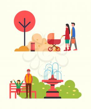 People strolling in autumn park, family with pram vector. Man and woman with newborn kid, father and daughter sitting on wooden bench by fountain