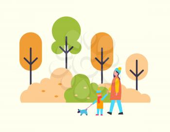 Woman walking with child and cute pet dog outdoors. Autumn season scenery, color trees and bushes. Vector people in autumnal park vector isolated