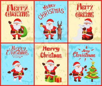Merry Christmas Santa Claus decorating evergreen pine tree vector. Polar reindeer and winter character with sack of presents, gifts, man reading lists