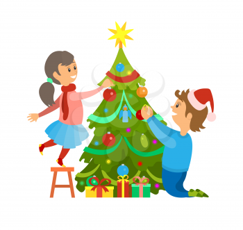 Christmas winter holidays preparation decoration vector. Family father and daughter decorating pine tree with garlands star and baubles. Presents gift