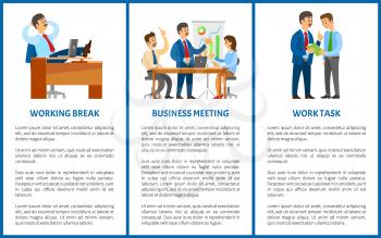 Working process in office, boss and employees. Break and business meeting, work task. Rest and conference with presentation vector illustrations.