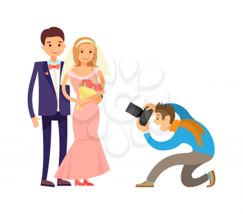 Photographer or videographer taking photo reportage of engagement ceremony. Happy couple on wedding, bride and groom and cameraman vector isolated