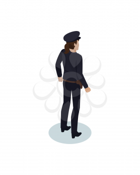 Policewoman realistic vector projection from back view. Police-station female representative in uniform and holster for service weapon or gun icon.