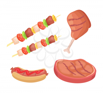 BBQ barbecue roasted meat beef and chicken isolated icons vector set. Skewer with vegetables and hot dog fresh bun with sausage and sauce ketchup