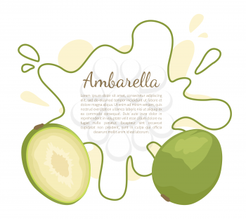 Ambarella exotic juicy fruit vector poster frame and text. Tropical edible food, dieting vegetarian banner. Spondias dulcis or June plum, kedondong