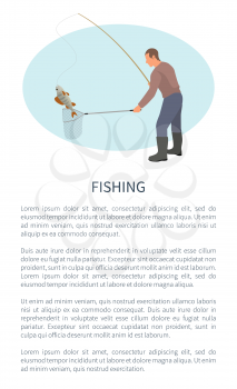 Fishing fisherman with rod and fish vector illustration. Standing fisher in sportswear with fish-rod and landing net, catching perch, sport theme