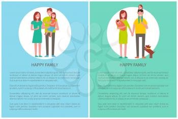Happy family mother, father, toddler and newborn daughters posters with text. Dad, mom and little girls on arms, pet dog. Spending time together concept