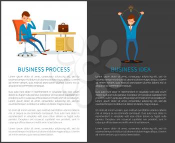Business process and creative idea of businessman vector. Boss in office, discussion on phone, leader talking on mobile. Manager with fresh thoughts