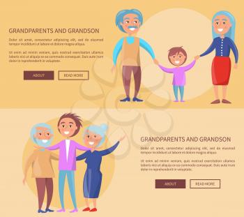 Grandparents and grandson little and grown up set of web posters. Senior couple walking with grandchild boy holding hands vector illustrations
