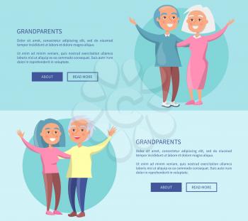 Grandparents posters with senior couples waving hands vector illustrations . Happy granny and grandpa cartoon characters in flat style