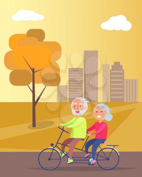 Happy mature couple riding together on bike on background of skyscrapers in city park at sunset vector illustration. Husband and wife on retirement