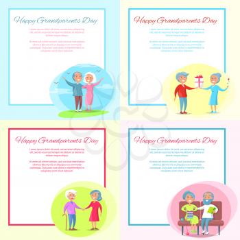 Happy grandparents day posters set with happy senior couple on nature, giving presents to each other, holding hands, knitting and reading book on sofa vector