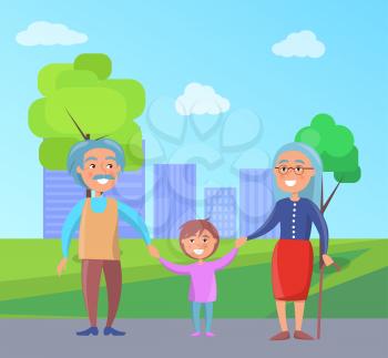 Happy grandparents senior couple walking with grandson holding hands on background of skyscrapers in city park vector illustration