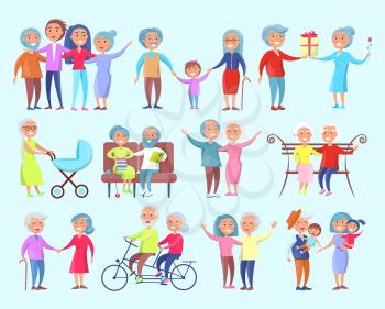 Smiling people of different age isolated vector illustration on light blue background. Grandparents spending time with their kids and grandchildren