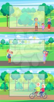 Happy grandparents senior couple wave hands and walk with kids on background of green trees in park set of vectors. Mature people together with frame for text