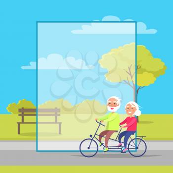 Happy mature couple riding together on bike on background of bench and green tree in city park vector with frame for text. Husband and wife on retirement