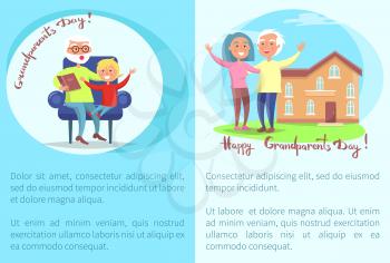 Happy grandparents day poster with senior man reading book to grandson and mature couple near house vector illustrations set with text