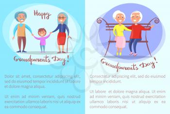 Happy grandparents day poster with senior couple sitting on bench together, old husband and wife walking with grandson vector illustrations set