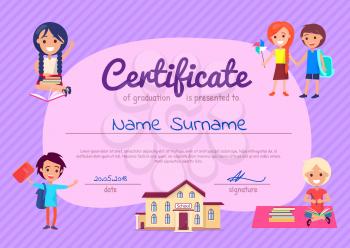 Certificate of graduation poster with students. Vector illustration of school, boys and girls with books and backpacks on striped purple background