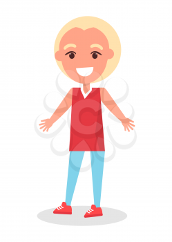 Smiling blonde boy in red t-shirt and blue trousers, kindergarten cartoon kid vector illustration isolated on white background