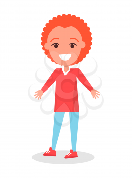 Smiling Redhead boy in red sweater and blue trousers, kindergarten cartoon kid vector illustration isolated on white background