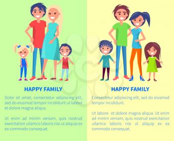 Happy family set of posters with pregnant mother, smiling father, two children boy and girl vector illustration in flat style isolated