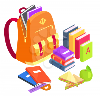 Collection of school-related objects isolated on white. Vector illustration of orange rucksack, pile of textbooks, lunch meal and stationery items