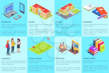 Set of posters with light blue background and text devoted to school. Isolated vector illustration of education-related items, facilities and objects