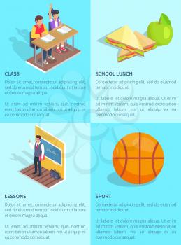 Set of posters with inscriptions devoted to school. Isolated vector illustration of interesting lesson, lunch meal and basketball ball on light blue