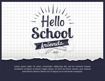 Hello school friends black-and-white sticker with inscription. Vector illustration of plastic ruler and graphite pencil on checkered background