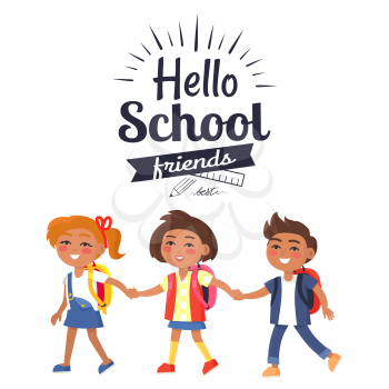 Hello school friends sticker with inscription. Vector illustration of plastic ruler and graphite pencil logo with colorful children holding hands isolated
