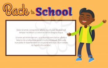 Back to school poster with place for text and smiling indian kid in green jacket and jeans with blue rucksack vector. Happy child cartoon character